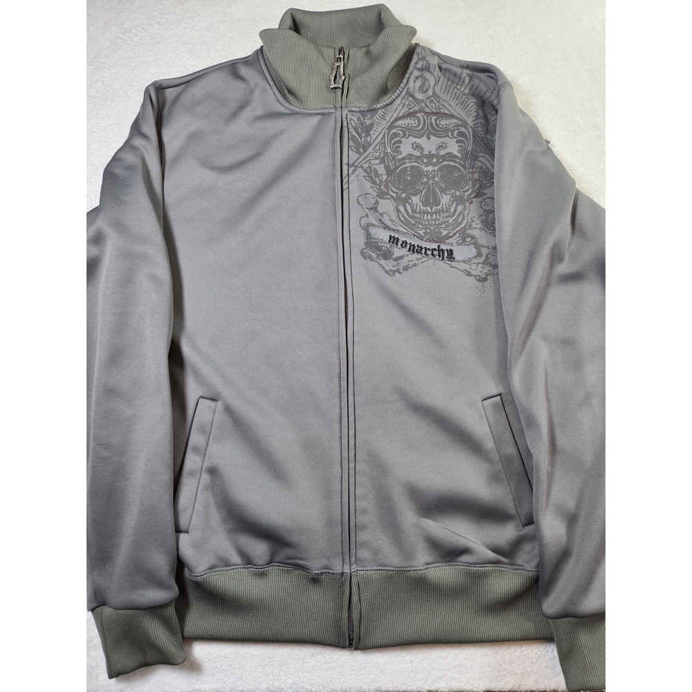 Monarchy Skull Track Jacket Mens Large Embroidered Graphic Moto Streetwear Y2K - Picture 3 of 12